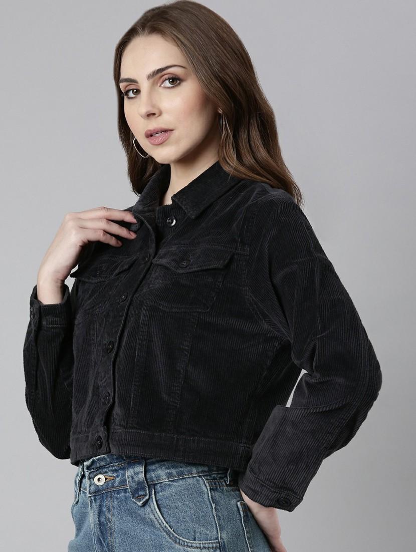 women charcoal solid regular jacket - 20610428 - Standard Image - 1