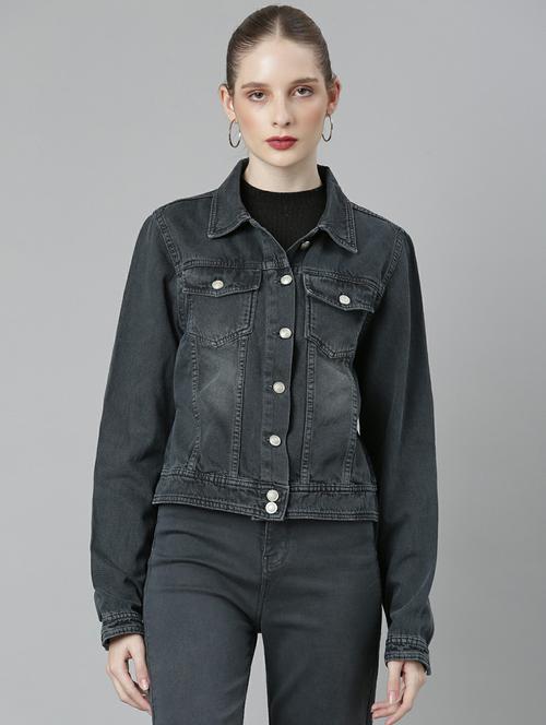 women grey solid denim jacket - 20610431 -  Standard Image - 0