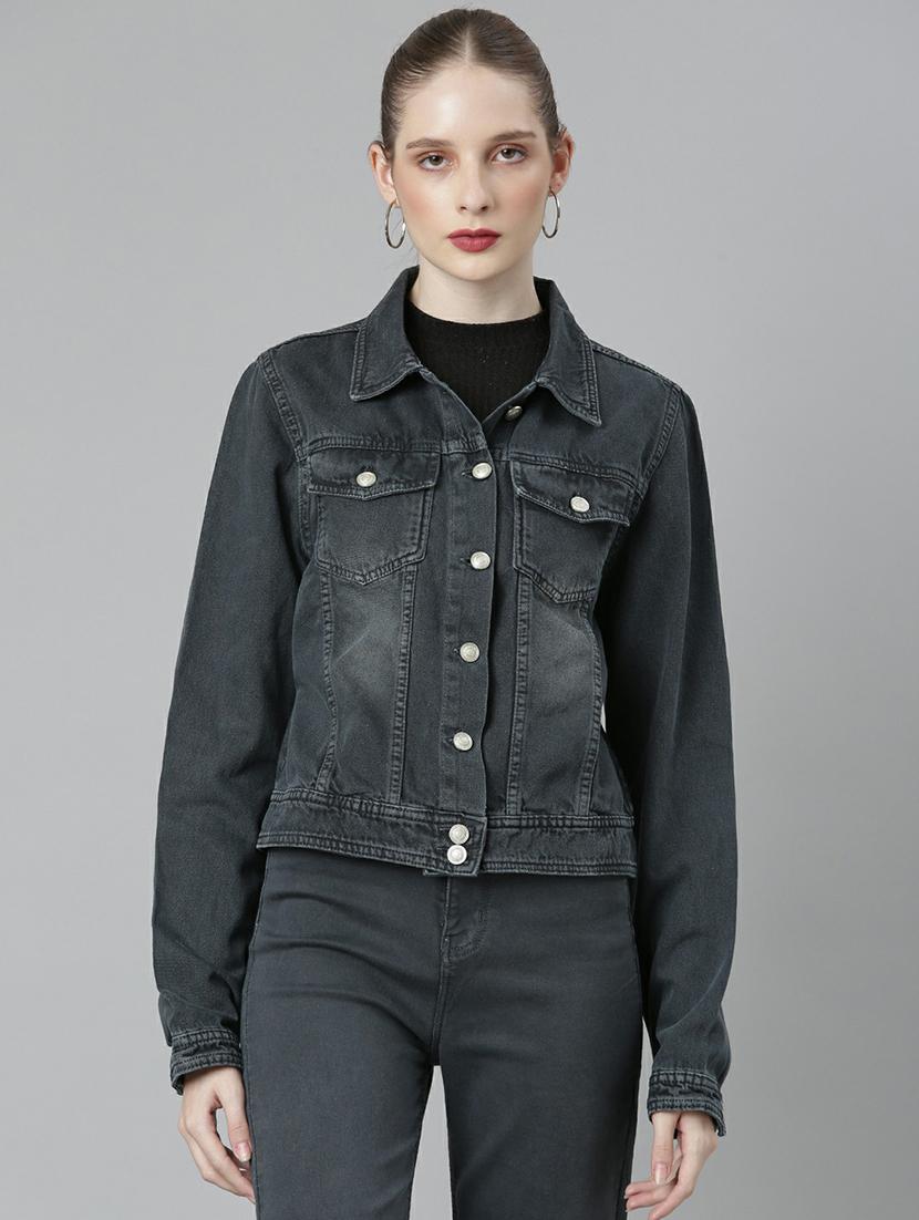 women grey solid denim jacket - 20610431 -  Zoom Image - 0