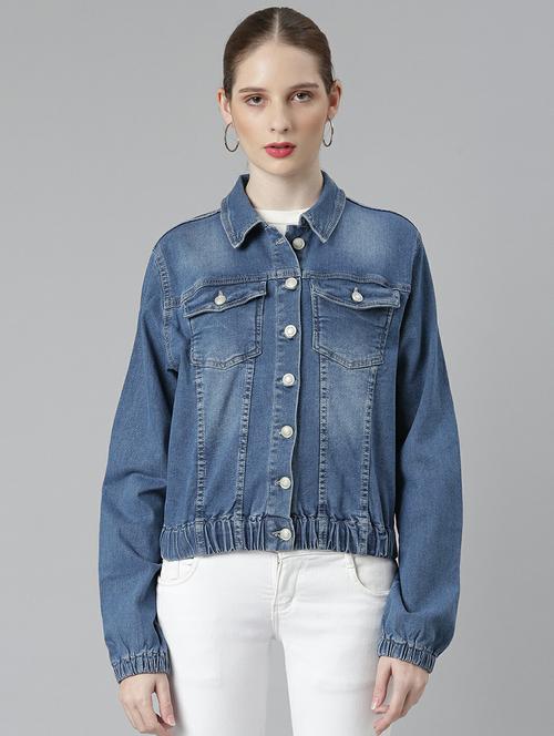 women blue solid denim jacket - 20610432 -  Standard Image - 0
