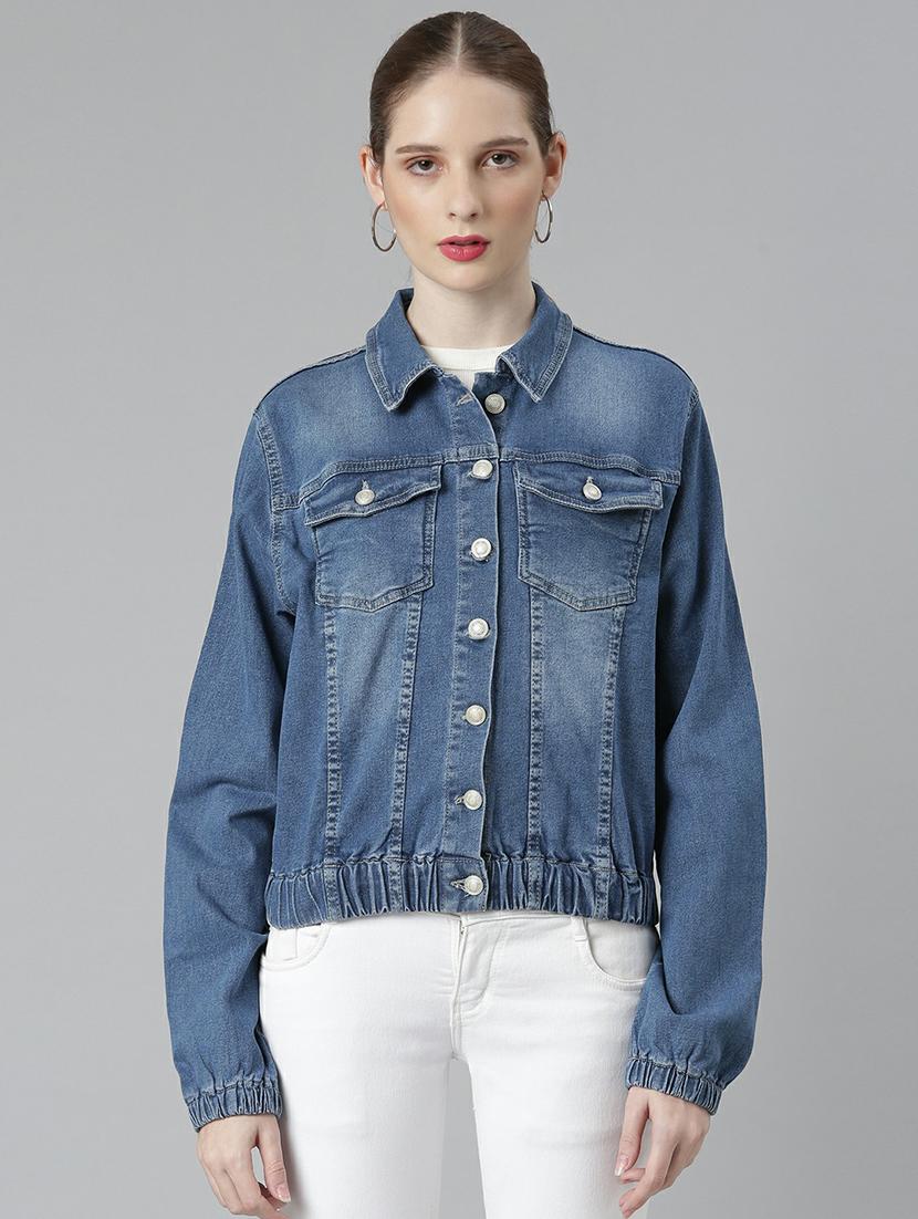 women blue solid denim jacket - 20610432 -  Zoom Image - 0