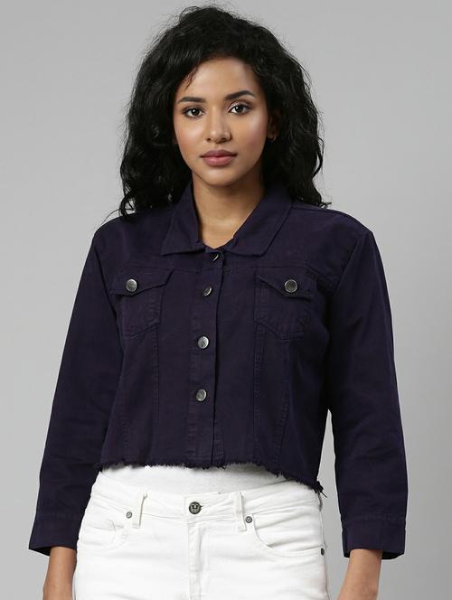 women purple solid denim jacket - 20610436 -  Standard Image - 0