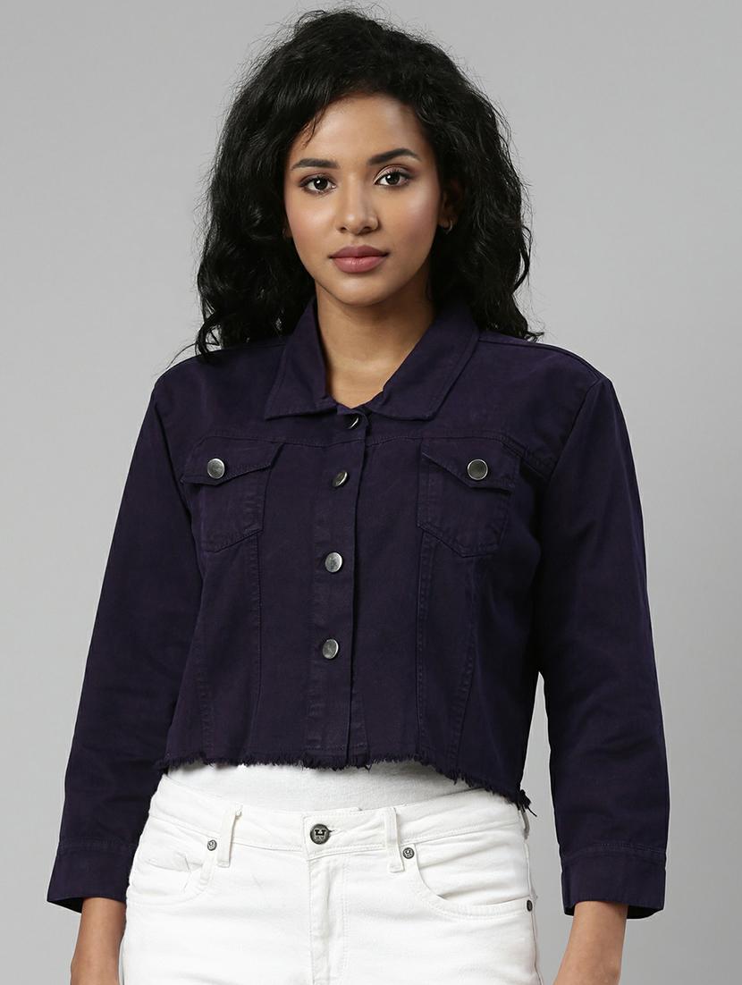 women purple solid denim jacket - 20610436 -  Zoom Image - 0
