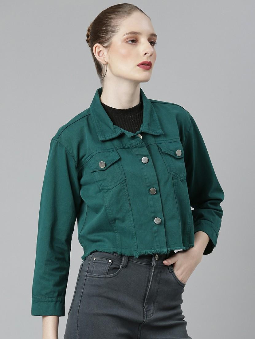 women green solid denim jacket - 20610437 - Standard Image - 1