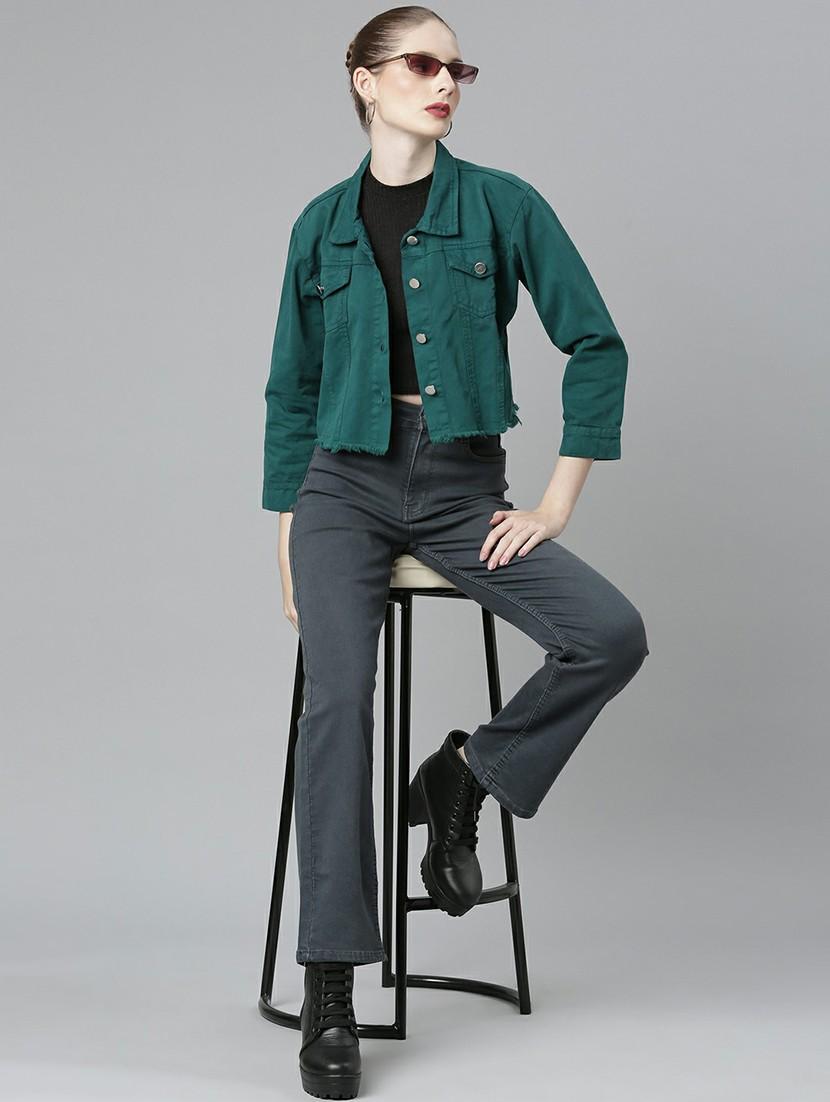 women green solid denim jacket - 20610437 - Standard Image - 4