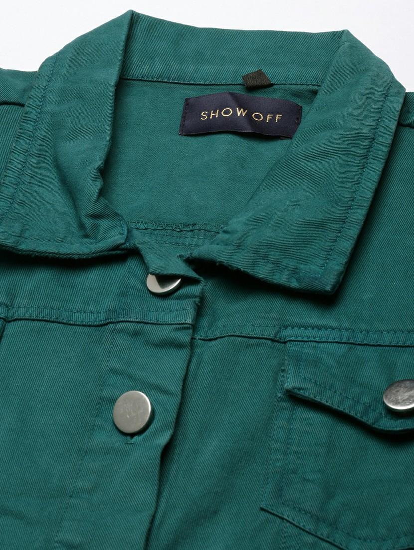 women green solid denim jacket - 20610437 - Standard Image - 6
