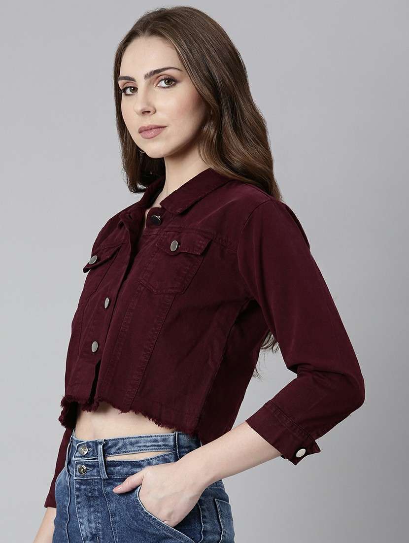 women maroon solid denim jacket - 20610438 -  Standard Image - 1