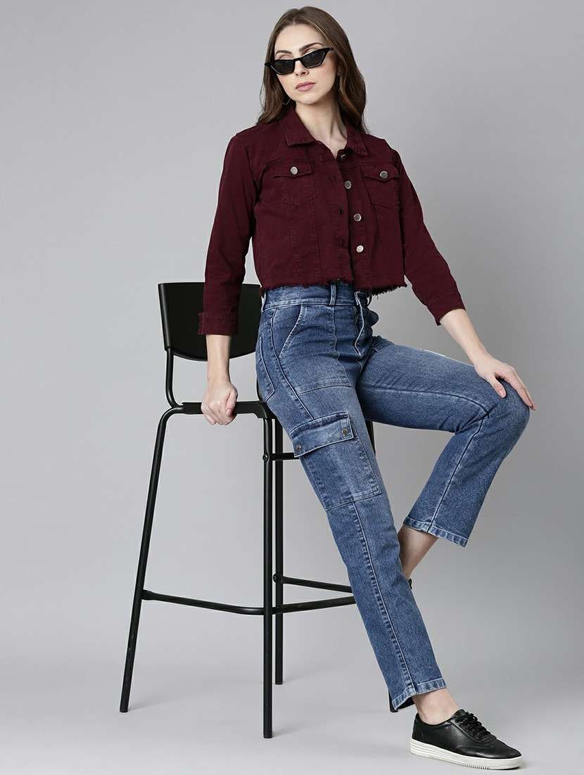 women maroon solid denim jacket - 20610438 - Standard Image - 4