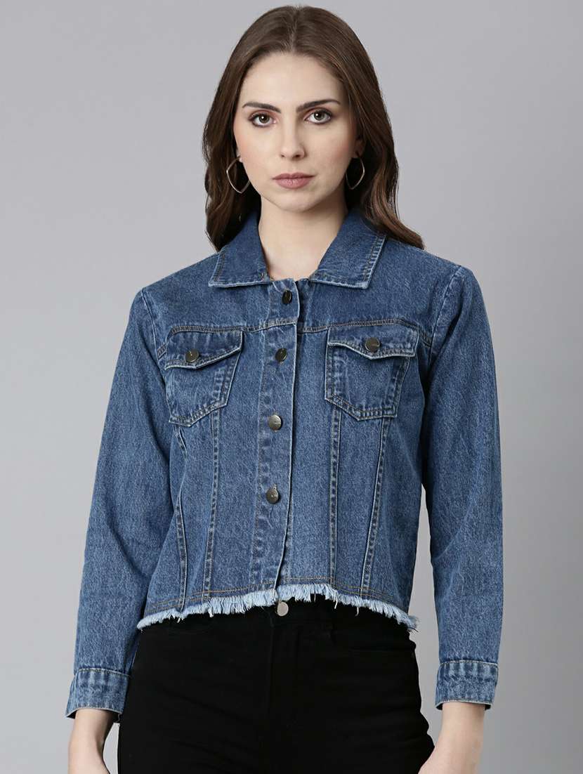 women blue solid denim jacket