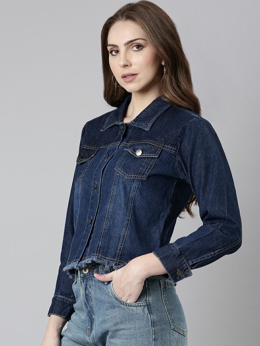 women navy blue solid denim jacket - 20610440 - Standard Image - 1