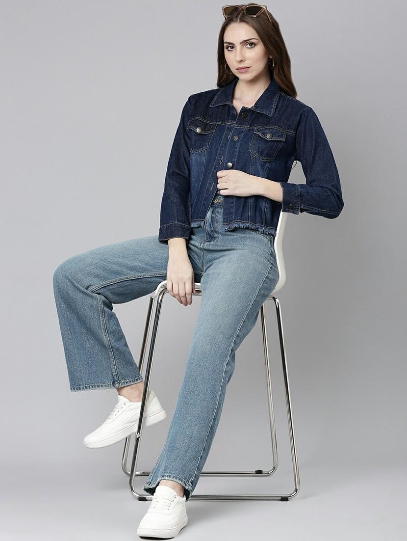 women navy blue solid denim jacket - 20610440 - Standard Image - 4