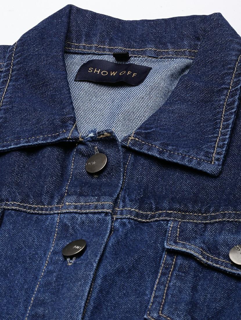 women navy blue solid denim jacket - 20610440 - Standard Image - 6