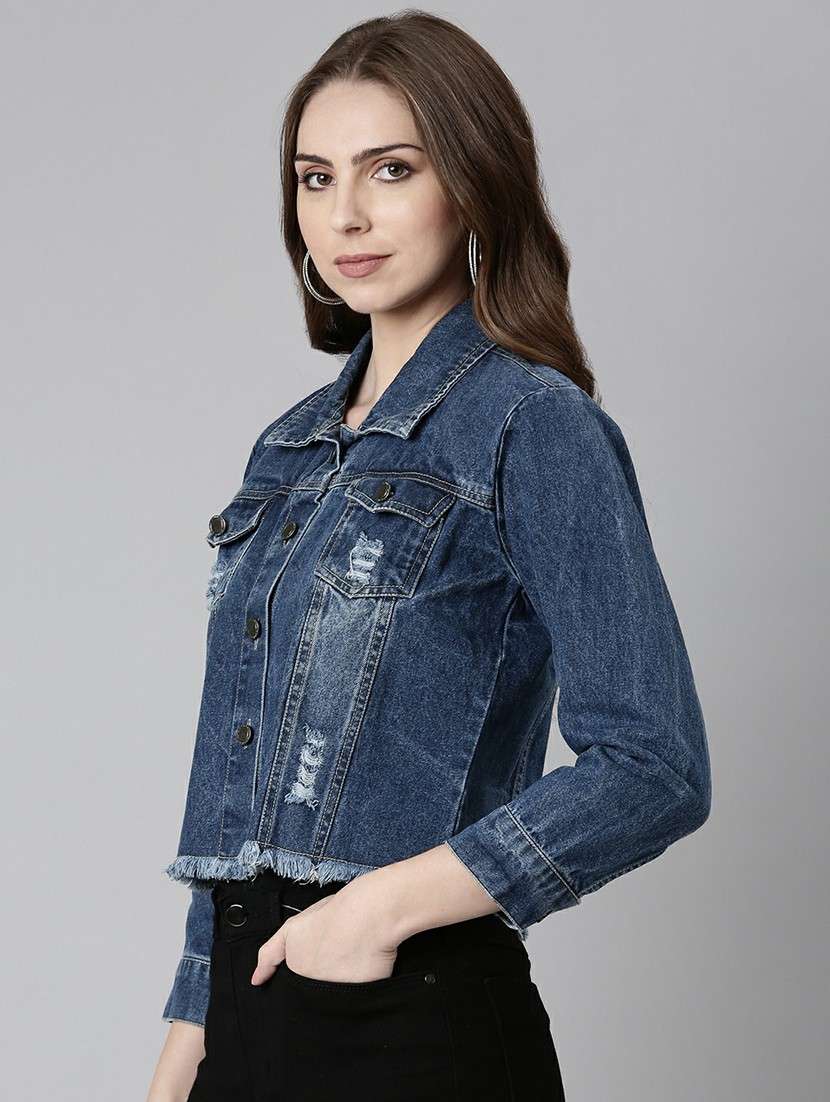 women blue solid denim jacket - 20610441 -  Standard Image - 1