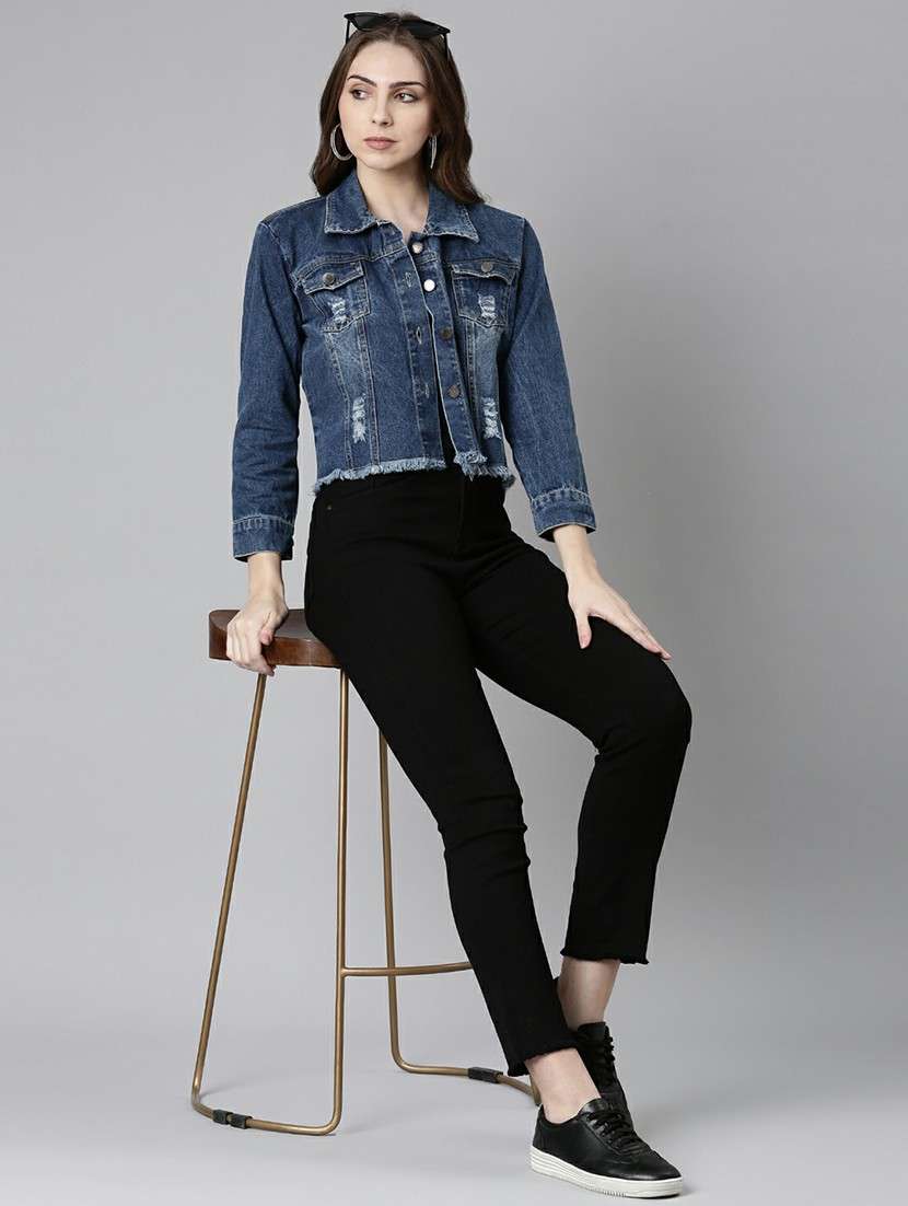women blue solid denim jacket - 20610441 -  Standard Image - 4