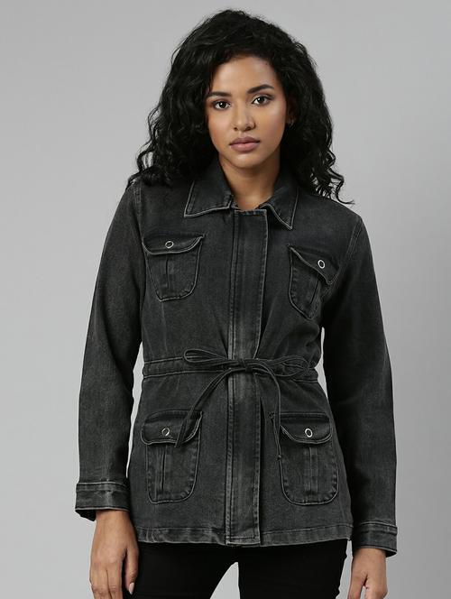 women charcoal solid denim jacket - 20610442 - Standard Image - 0