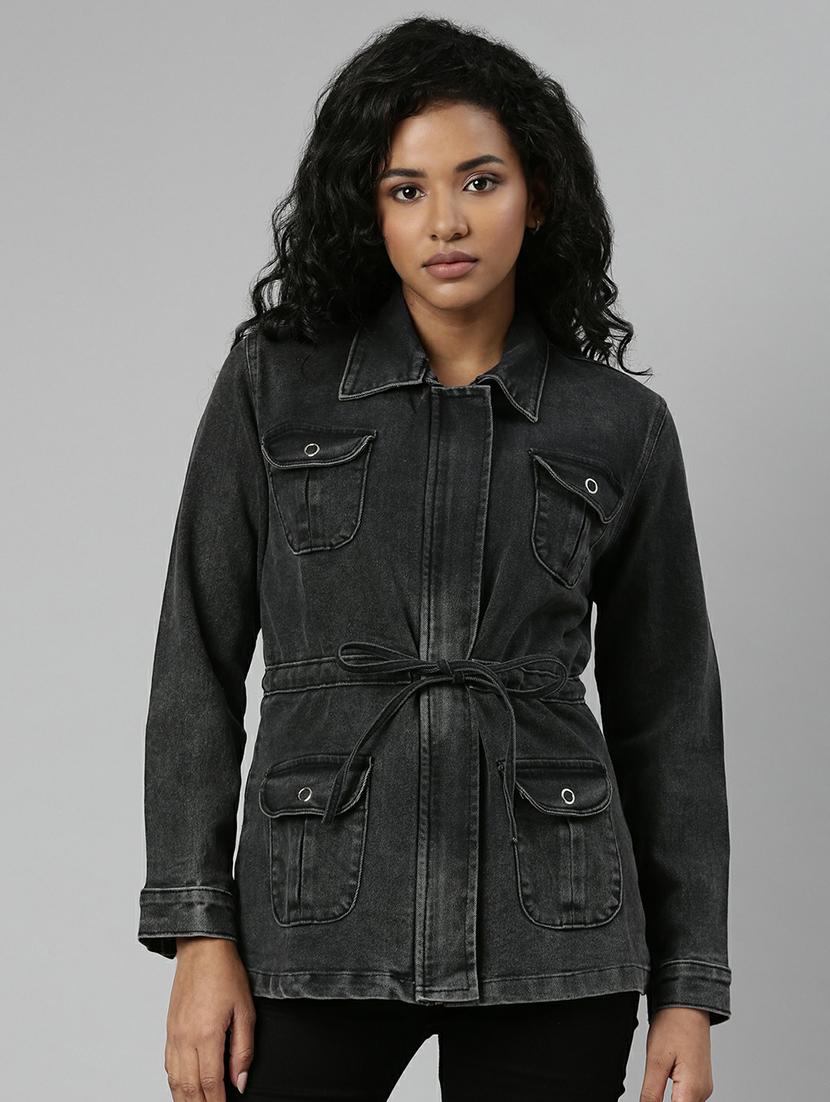 women charcoal solid denim jacket - 20610442 - Zoom Image - 0