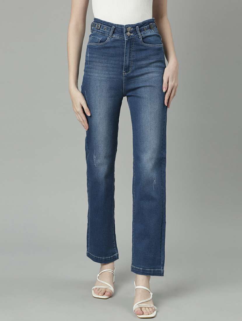 women high rise solid denim jeans