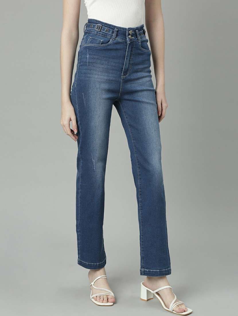 women high rise solid denim jeans - 20610450 -  Standard Image - 1