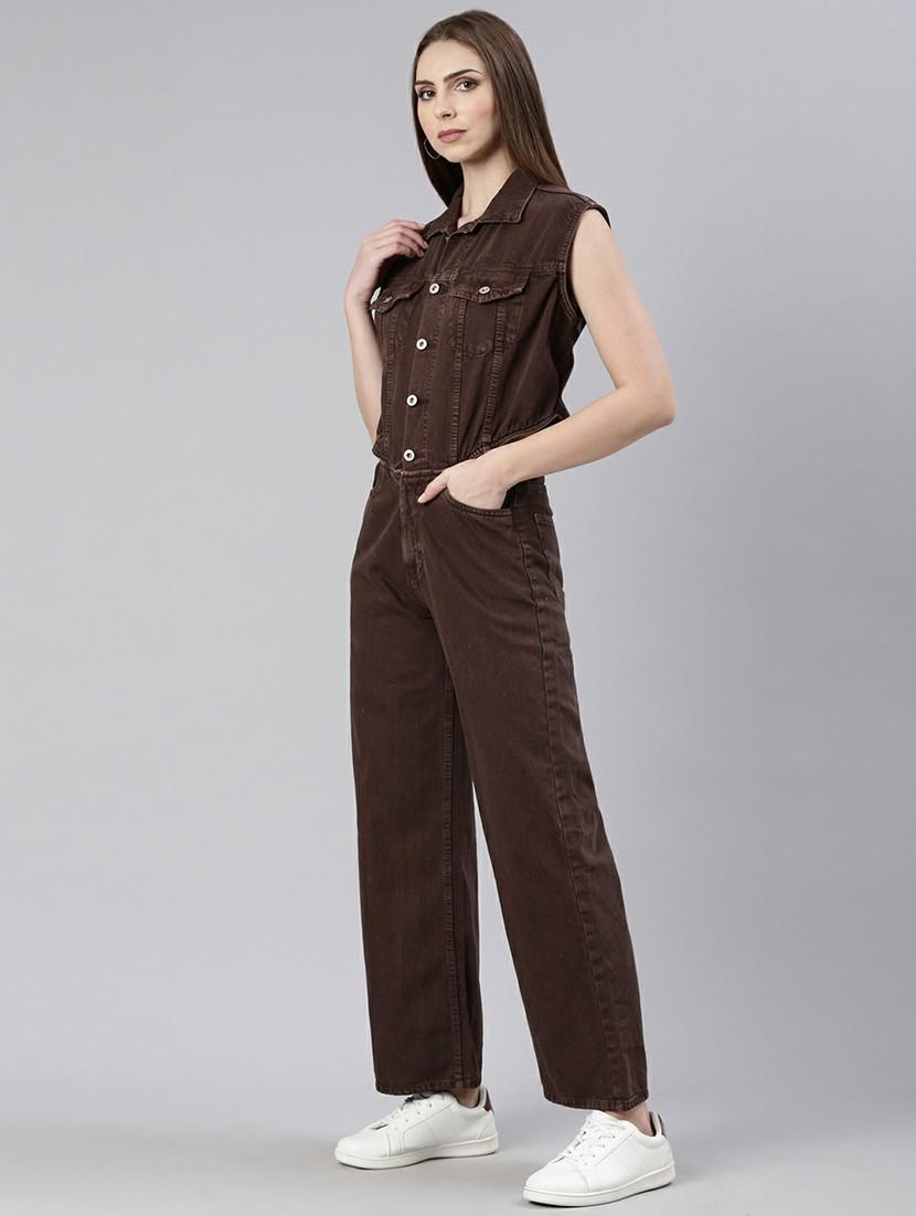 women coffee brown denim full leg jumpsuit - 20610457 -  Standard Image - 1