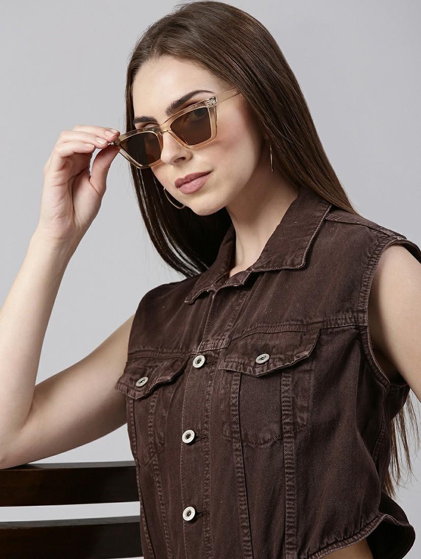 women coffee brown denim full leg jumpsuit - 20610457 - Standard Image - 4