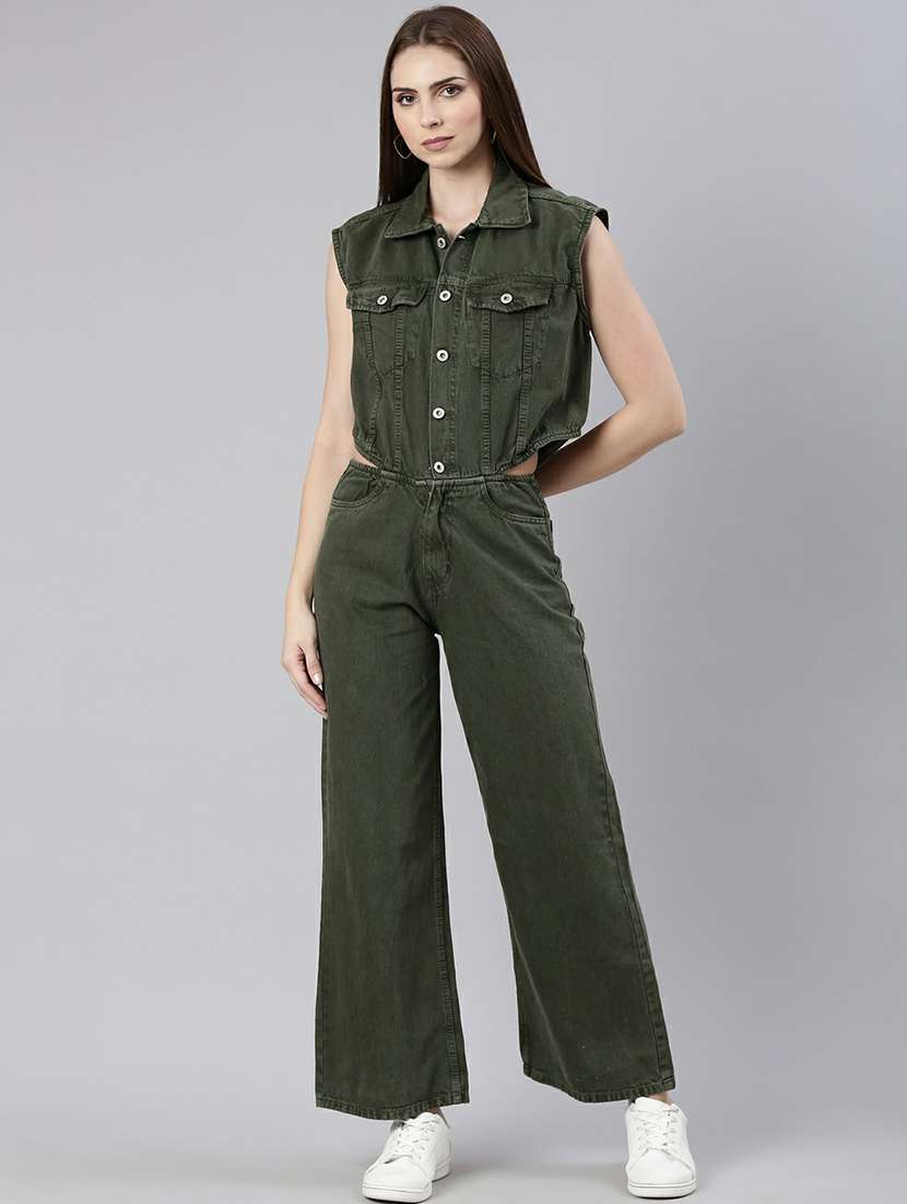 women olive denim full leg jumpsuit