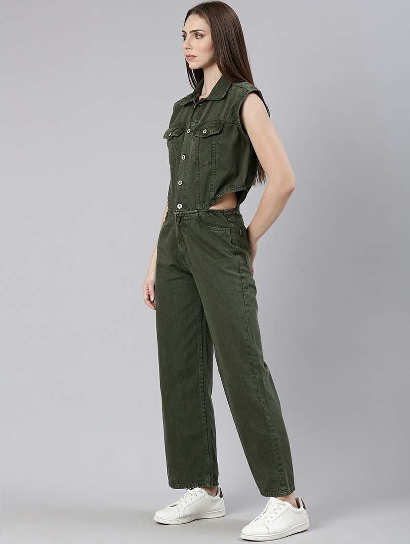 women olive denim full leg jumpsuit - 20610458 -  Standard Image - 1