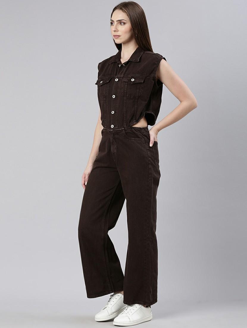 women coffee brown denim full leg jumpsuit - 20610459 -  Standard Image - 1