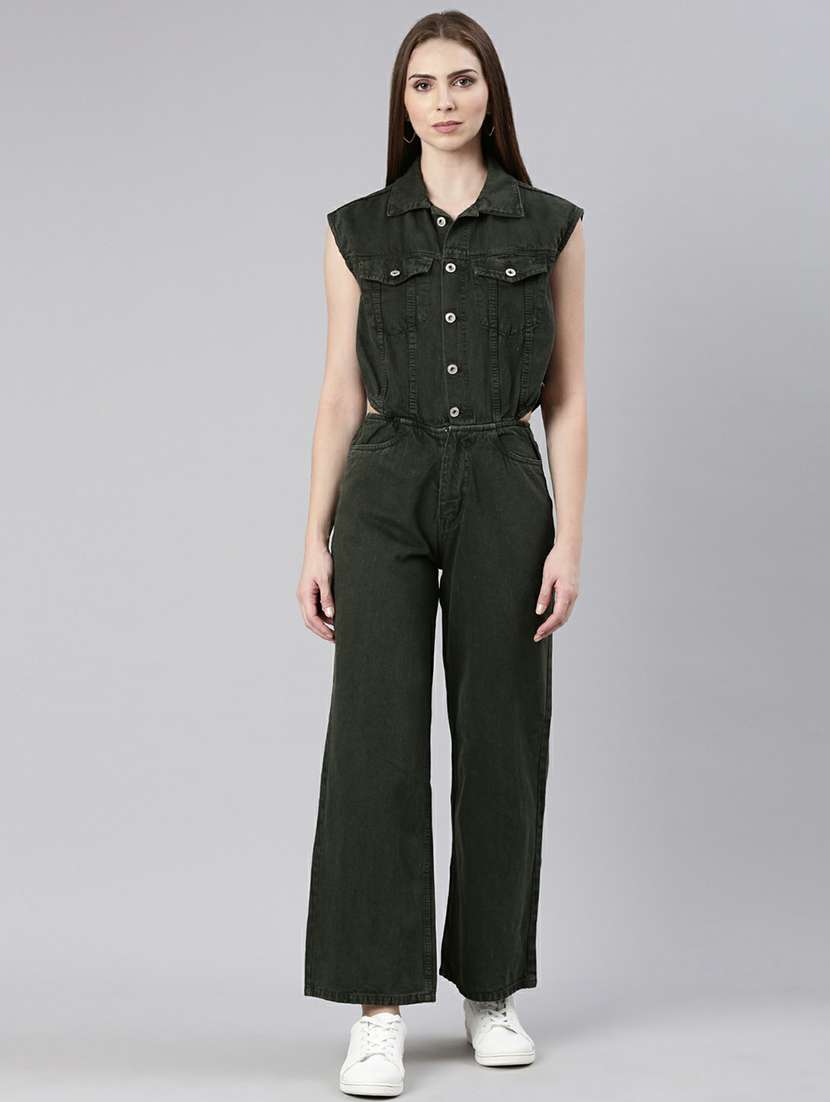 women dark olive denim full leg jumpsuit