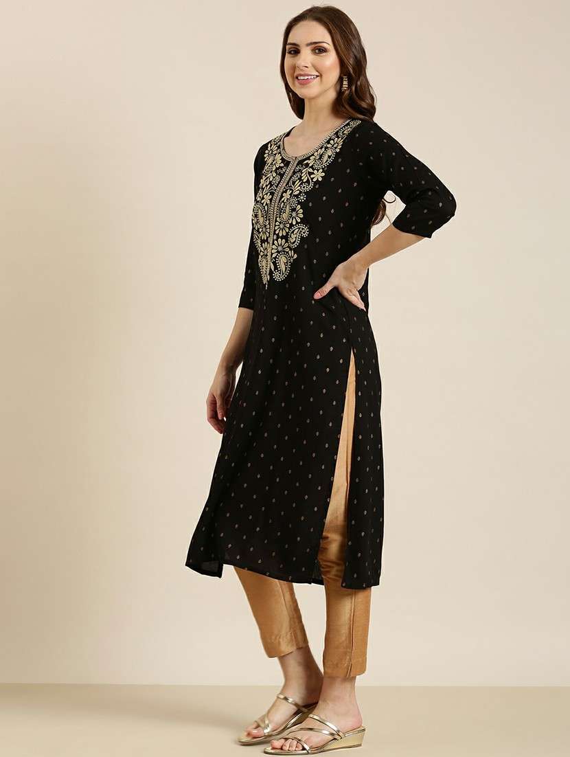 black embroidered straight kurta - 20610465 - Standard Image - 1