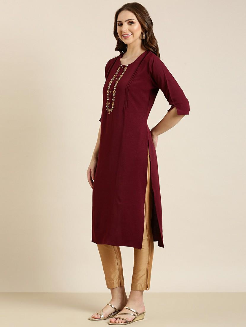 maroon crepe straight kurta - 20610469 - Standard Image - 1
