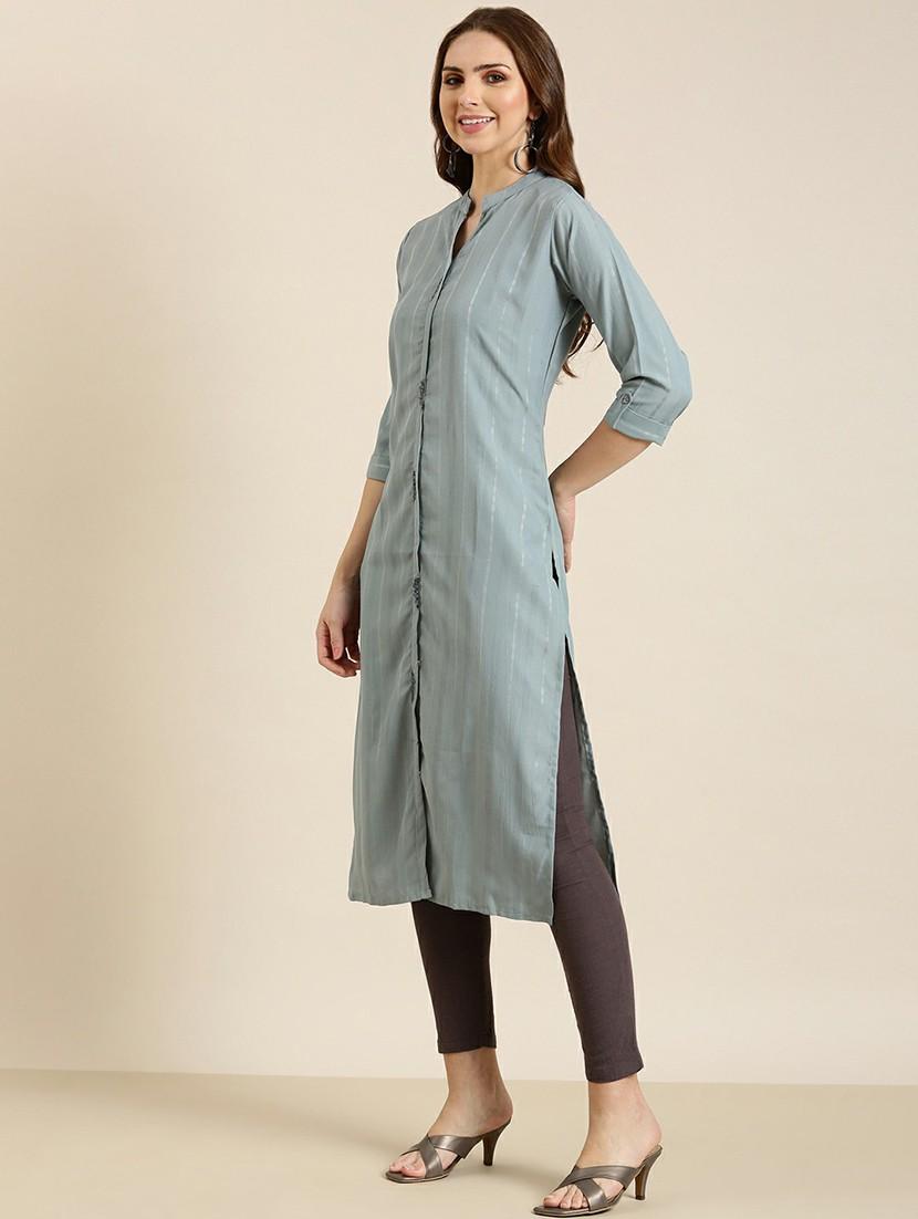 grey striped straight kurta - 20610473 -  Standard Image - 1