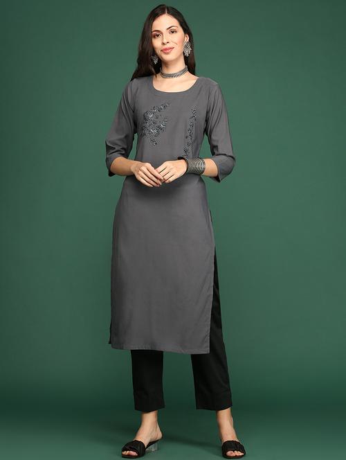 grey embroidered straight kurta - 20610475 - Standard Image - 0