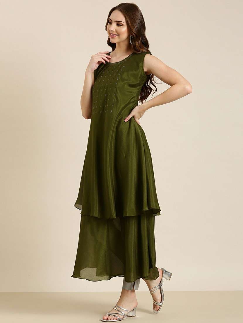 women round neck embellished layered kurta - 20610479 - Standard Image - 1