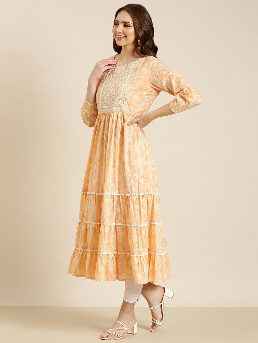 women round neck embroidered tiered kurta - 20610481 - Standard Image - 1