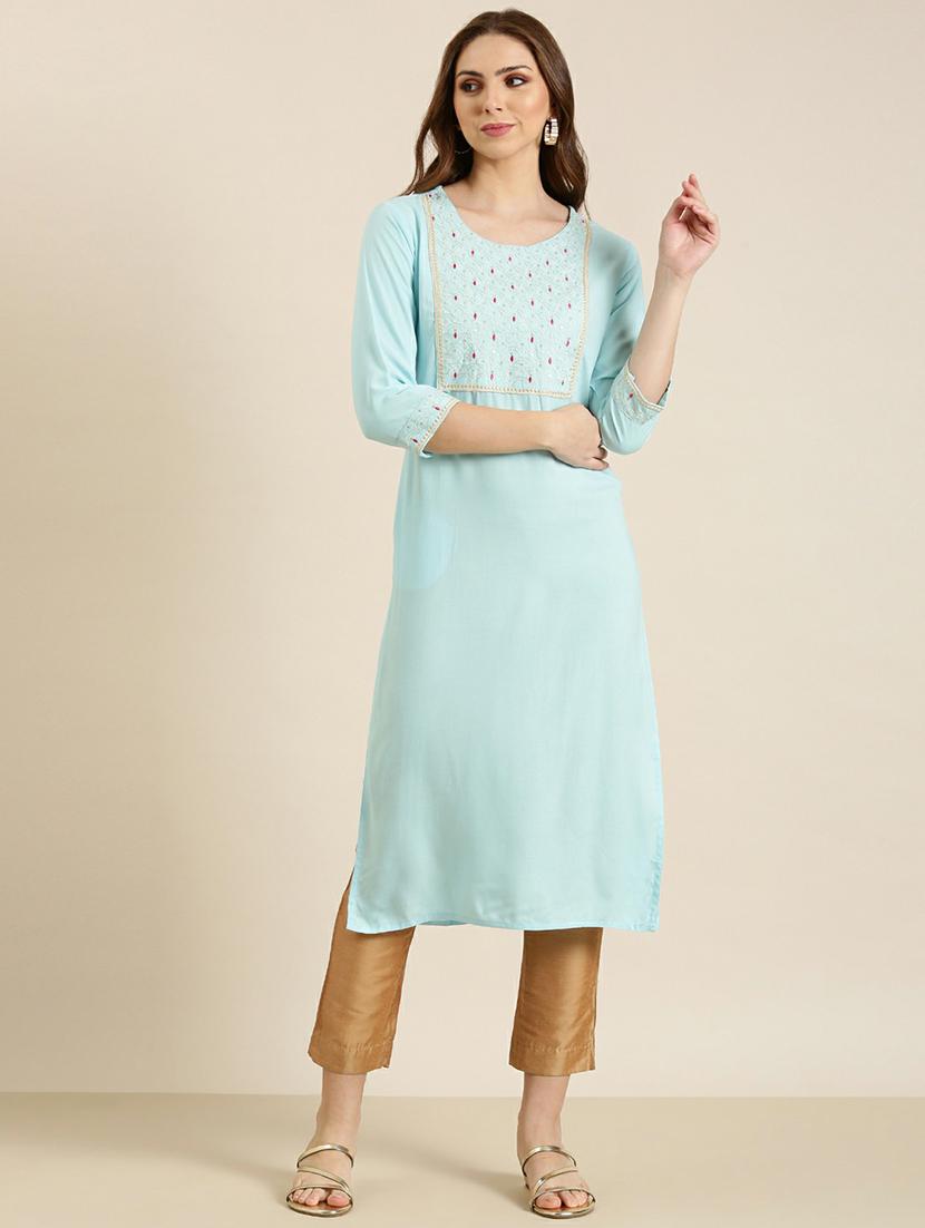 light blue embroidered straight kurta - 20610482 -  Zoom Image - 0