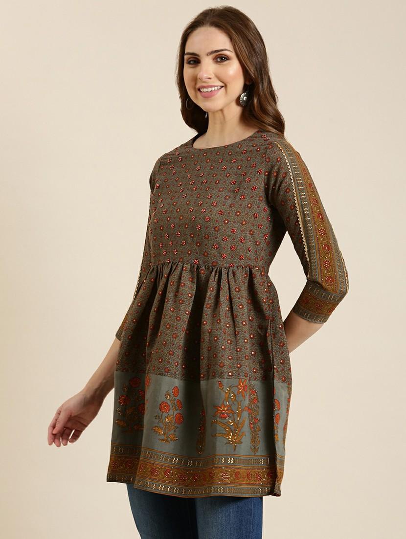 women brown round neck a-line kurti - 20610487 -  Standard Image - 1