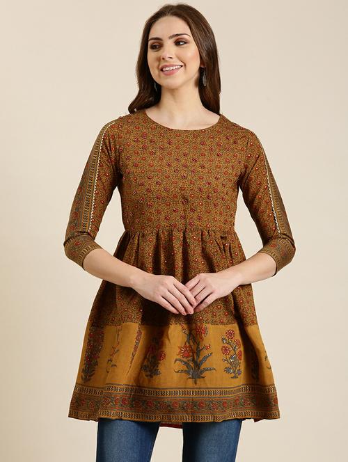 women mustard round neck a-line kurti - 20610488 - Standard Image - 0