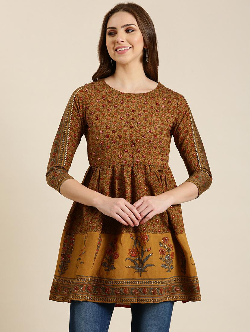 women mustard round neck a-line kurti - 20610488 - Zoom Image - 0