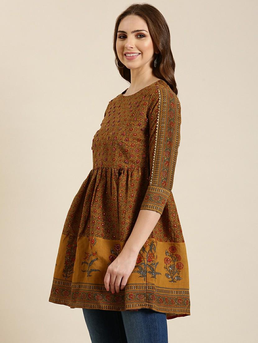 women mustard round neck a-line kurti - 20610488 - Standard Image - 1