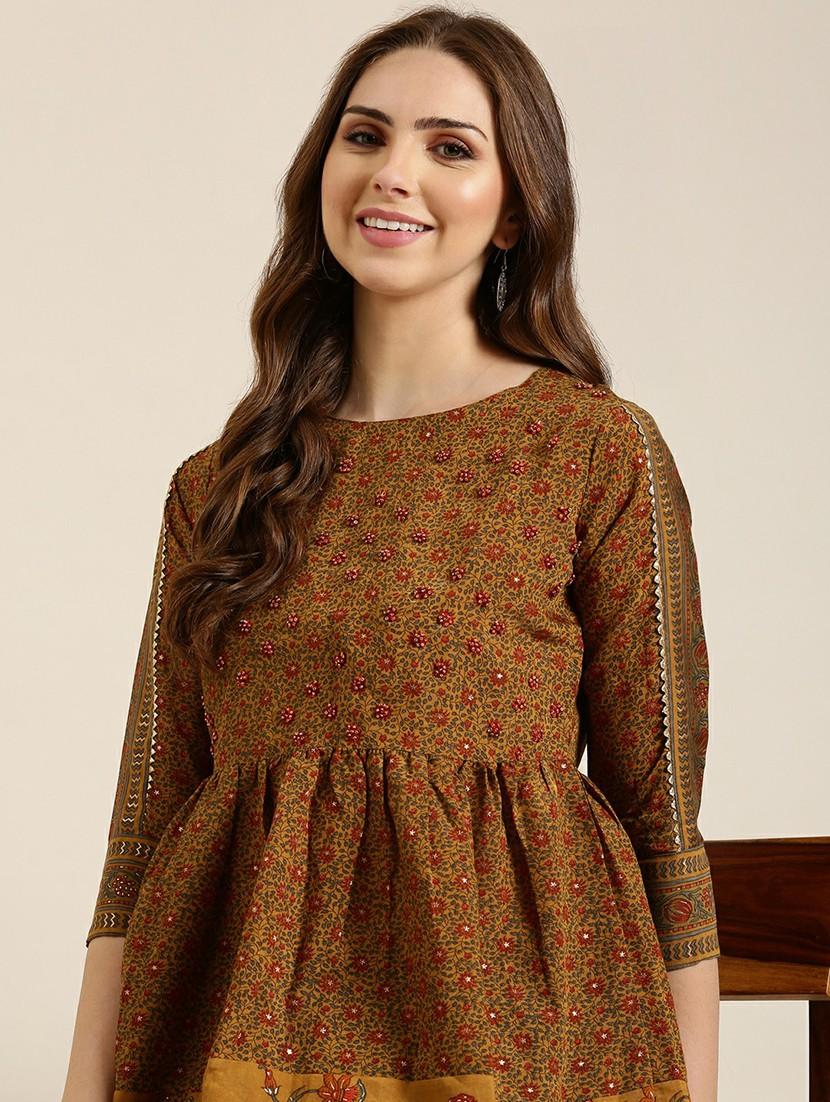 women mustard round neck a-line kurti - 20610488 - Standard Image - 4
