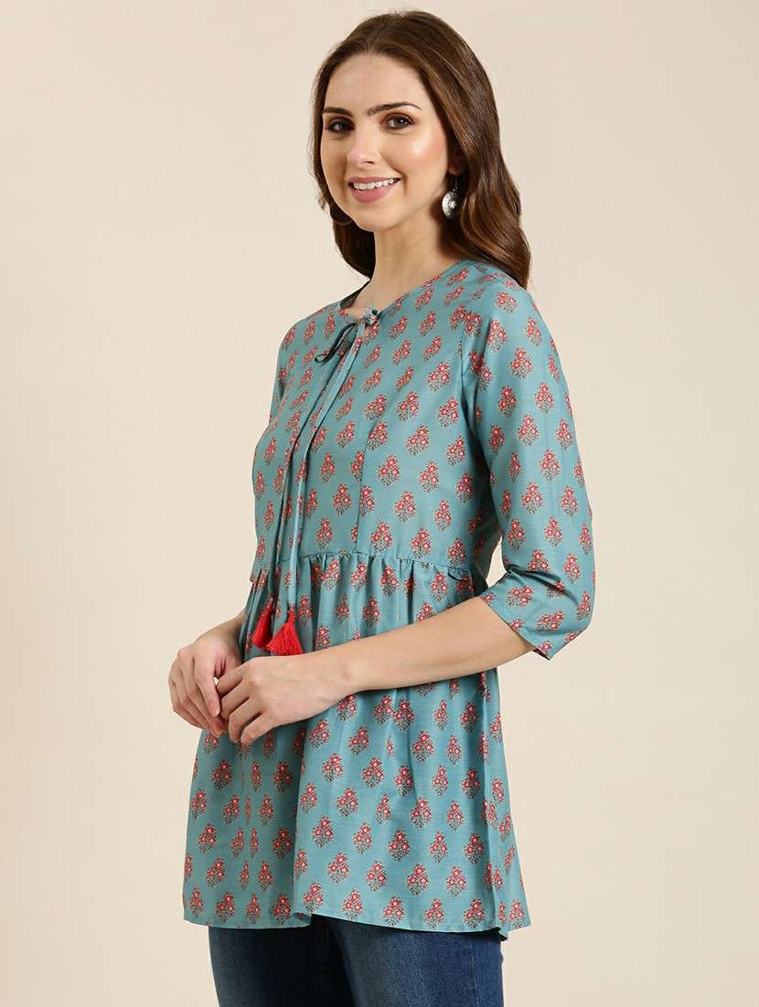 women light blue tie-up-neck a-line  kurti - 20610490 -  Standard Image - 1