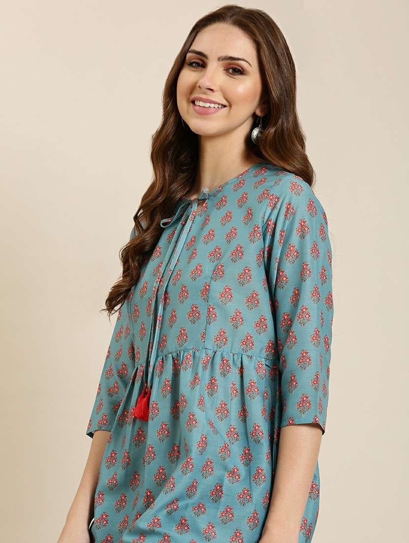 women light blue tie-up-neck a-line kurti - 20610490 - Standard Image - 4