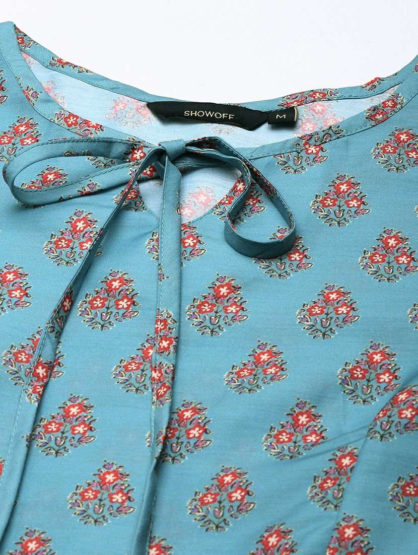women light blue tie-up-neck a-line kurti - 20610490 - Standard Image - 6