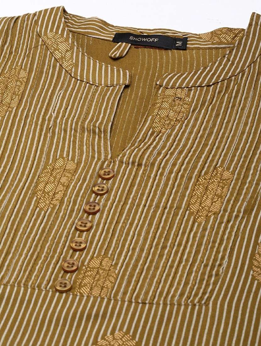 women olive mandarin neck straight kurti - 20610491 -  Standard Image - 6