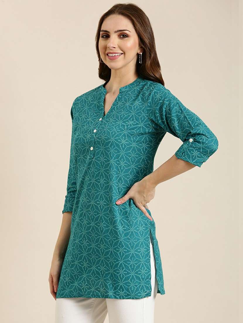 women turquoise mandarin neck straight kurti - 20610493 -  Standard Image - 1