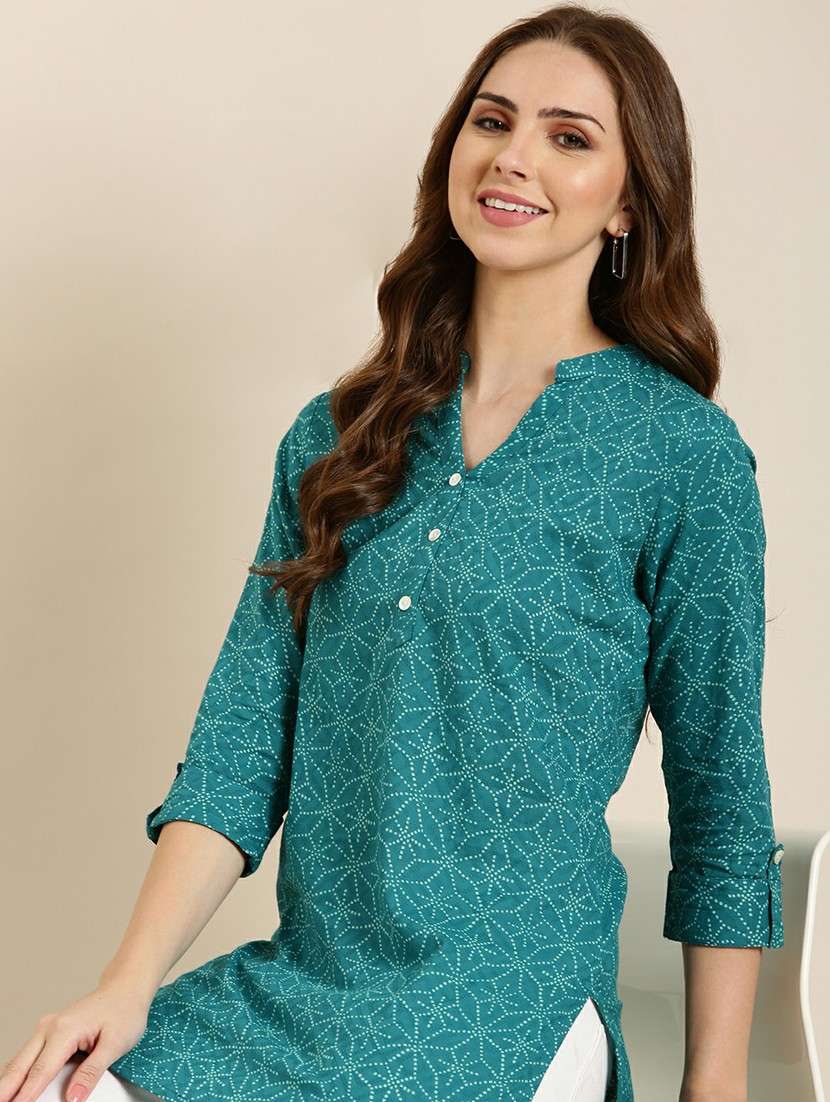 women turquoise mandarin neck straight kurti - 20610493 -  Standard Image - 4