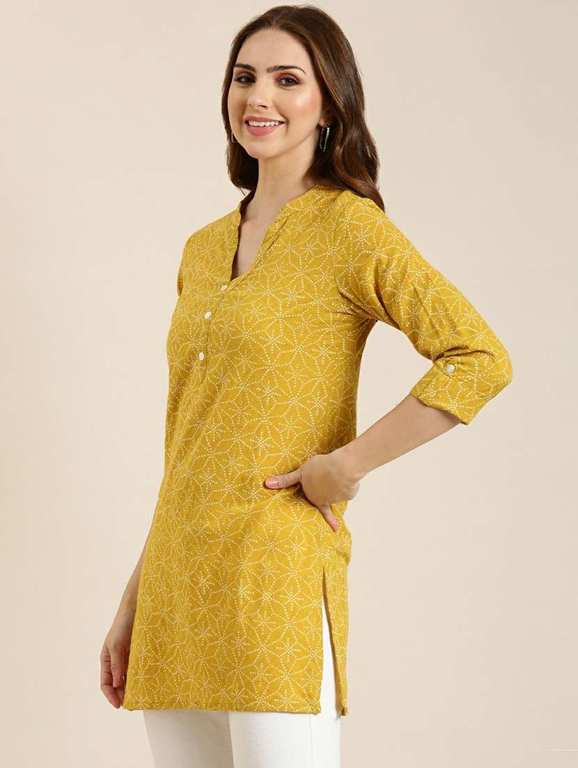 women mustard mandarin neck straight kurti - 20610495 -  Standard Image - 1