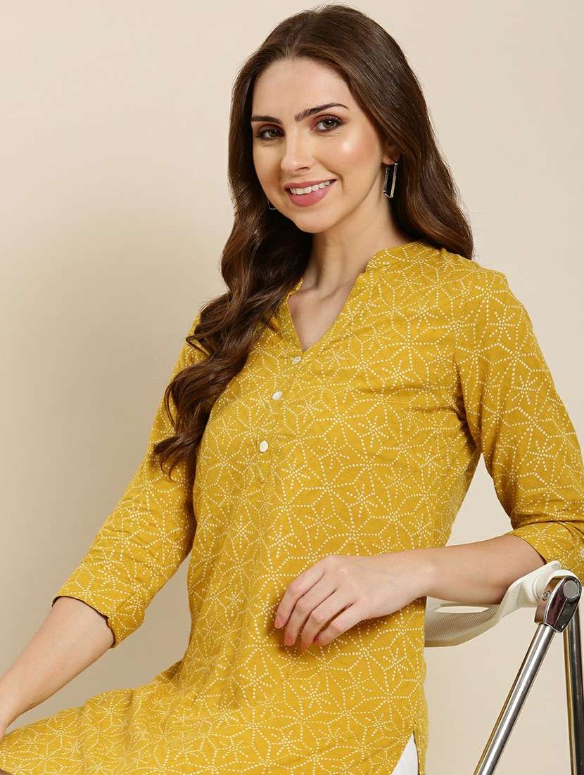 women mustard mandarin neck straight kurti - 20610495 -  Standard Image - 4