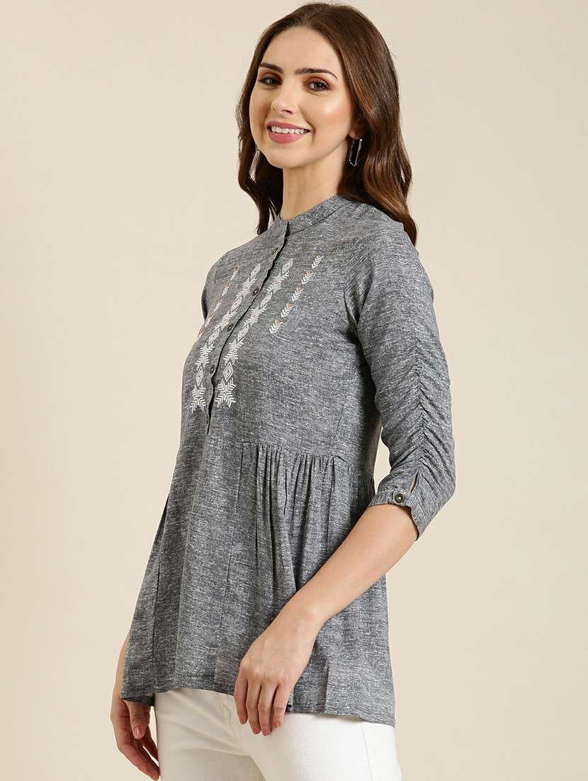 women grey mandarin neck a-line kurti - 20610499 -  Standard Image - 1