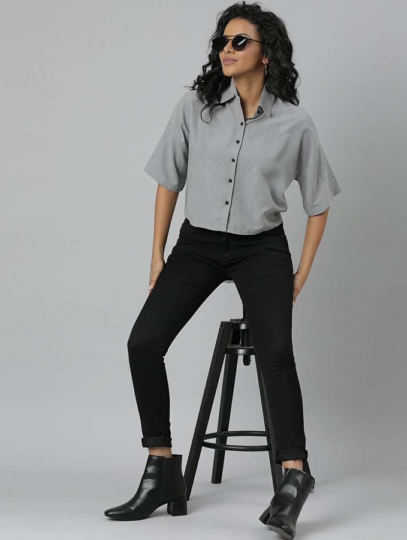 women grey solid crop shirt - 20610512 -  Standard Image - 4